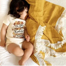 Decken Pucken Baumwoll-Musselin-Puckdecken für geborene Babys Quaste Empfangsdecke Born Swaddle Wrap Säuglingsschlafdecke Bettdecke 230228