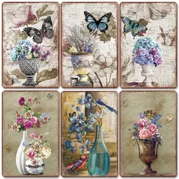 Vintage Colorful Flowers art painting Poster Metal Signs Sunflower Daisy Butterfly Metal Tin Plate for Living Room Home Wall Art personalized Decor Size 30X20cm w02