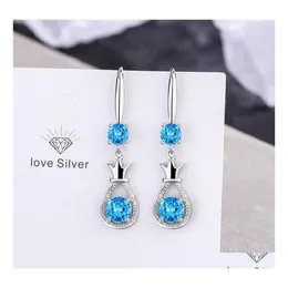 CAR DVR CHARM S925 Stamp Sier Plated Crystal Crown Charms Pink Blue White Zircon Earrings Tassel Hook Type Womens Fashion Jewelry Wedding PA DHK49