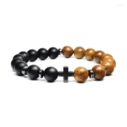 Strand Trendy Jesus Kreuz Charm Herren Armband Holzperle Natur Mattstein Perlen Armreifen Handgefertigter verstellbarer Schmuck