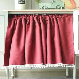 Curtain American Style Solid Wine Red Half Curtains Tube Coffee Tulle Short Ball Hem For Bar Kitchen Cabinet Decoration