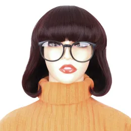 合成ウィッグミスUヘアショートブラウンボブfor Velma Costume Cosplay Wig with Bangs Glasses Daily Party Halloween 230228