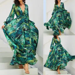 Повседневные платья Женщины мод V-образное вырезок Sexy Dress Summerless Backless Print Bohemian Beach Женская вечеринка Maxi Ropa Mujer