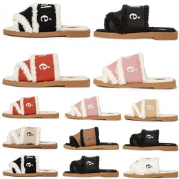 2023 Woody Mules Women Designer Slippers Slides Sandals Fur Canvas Shearling Fashion Flat White Black Sail Woman Outdoor Beach Pantoufle Winter Slide Sandal 35-42