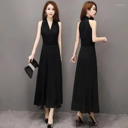 Vestidos casuais vestido de chiffon preto cintura feminina era magra 2023 seção longa seção v alça