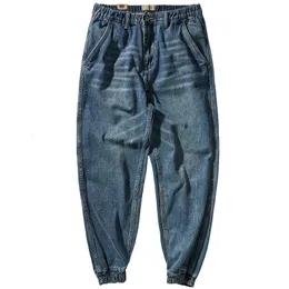 Mäns jeans spring japanska retro tungvikt denim mode tvättade gammal elastisk midja casual rak harem ankeltied byxor 230227