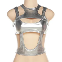 Metallic Crop Top för Dam Tank Shiny Ärmlös Cut Out Party Clubwear Holographic Camis Silver S M L