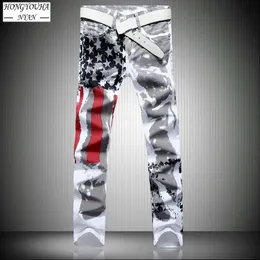 Мужские джинсы мужчина мужчина американский флаг напечатанный уличная одежда. Случайные брюки мода Harajuku High Elastic Slimpe Hop Straight Denim Брюки 230227