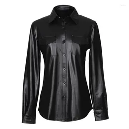 Women's Blouses Ladies Sexy V-neck Long Sleeve Female Fashion PU Leather Striped Casual Shirts Women Tops For