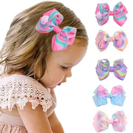 Rainbow Colors Boutique Grosgrain Ribbon Hair Bow with Clips Kids Bind Hair Accessories Girls Hairpins Barrettes Headwear 1773