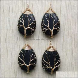 Charms Gold Color Wire Wrap Handmased Tree of Life Drop Shape Natural Obsidian Stone Pendants Diy Necklace Jewelry Making Delivery Fi DH1CR