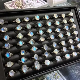 클러스터 링 1 PC FENGBAOWU Natural Blue Moonstone Ring Oval Cabochon Shape 925 Sterling Silver Resizable Fashion Jewelry 선물 여성