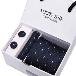 Neck Ties Navy Blue Nathtie Pocket Square Cufflinks Set For Men Luxury Ties Present Box Brudgom Bröllop Suits Business Silk Slyckor Caravatas J230227