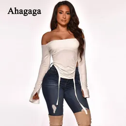 القمصان النسائية Ahagaga 2023 ربيع النساء الأزياء بدون كتف طويل الأكمام الصلبة القمصان العادية