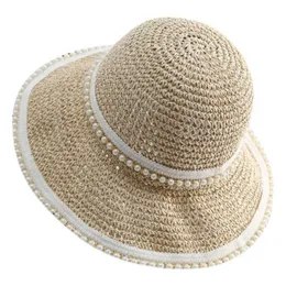 Wide Brim Hats Pearl Decor Wide Brim Summer Bucket Hat Crochet Pearl Fisherman Hats for Women Skin-friendly Hats Large Brim T8DE G230227