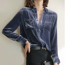 القمصان البلوزات النسائية XEJ Golden Velvet Shirt بلوزات أنيقة لملابس النساء ربيع الأكمام الطويلة الأزرق للنساء على الطراز الكوري 230228