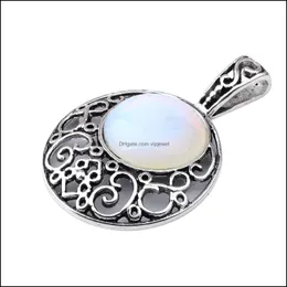 Lockets Semi Precious Stone Opal Opalite Pendants 40Mm Plated Sier Alloy 20Mm Cabochon Crystal Women Necklace Jewelry 60Cm Chain Dro Dhqp1
