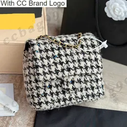 CC 브랜드 숄더백 22F/W 여성 트위드 스퀘어 플랩 블링 가방 반짝이는 스팽글 디자이너 하운드 스투스 퀼트 하드웨어 가죽 노인 체인 크로스 바디 여성 MI