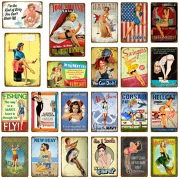 Sexy Girl Pin Up Metal Tin Signs Hawaii Navy Fishing Lady Vintage Wall Plaque Retro Iron Painting Poster Pub Bar Home Man DECO