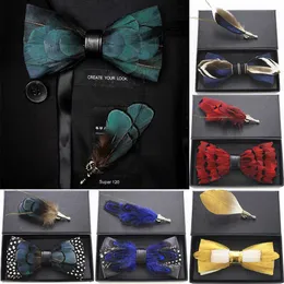 Neck Ties Ricnais Natural Bird Feather Brooch bow tie set Exquisite handmade Bowtie Set For Mens Bridegroom Accessories With Box Gift Bule J230227