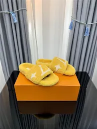 Toppkvalitet Casual Shoes Designer Luxury Paseo Flat Comfort Mule Shearling Fur Slippers Slide Sandal Yellow With Box
