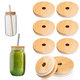 Factory Bamboo Cup Lid 70mm 86mm Reusable Wooden Mason Jar Lids with Straw Hole and Silicone Straw Valve