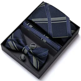 Nackband grossist Ny design presenthemma bowtie hanky manschettknappar set för män silk guldbrun blommig slips gravat handduk j230227