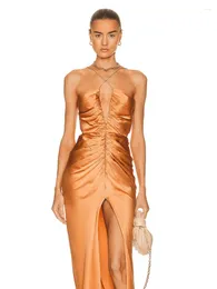 Casual Dresses Sexig spaghetti rand Ruched High Split Slim Midi Dress Elegant ärmlösa Folds Backless Bodycon Celebrity Party Club