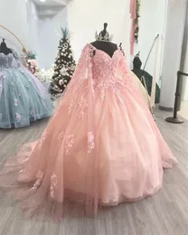 Pink Ball Gown Quinceanera Dresses With Cape Sweet Dress Flowers Appliques Crystals Lace Up Vestidos De Xv Anos Prom Party Gowns