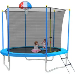 8FT Trampoline for Kids with Safety Enclosure Net Basketball Hoop and Ladder Easy Assembly Round Outdoor Recreational Trampoline US a58