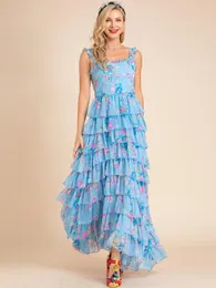 캐주얼 드레스 Linda Della Summer Boho Beach Maxi 드레스 여자 스파게티 스트랩 캐스케이딩 프린스 플로럴 프린트 긴 파란색 휴가 드레스ca