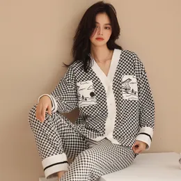 Kadın Slaı Kıyafetler Qsrocio Yüksek Kaliteli Kadın Pijamalar Set Houndstooth Ins Style Sweetwear Pamuk V Boyun Homewear Sıradan Nightwear 230228