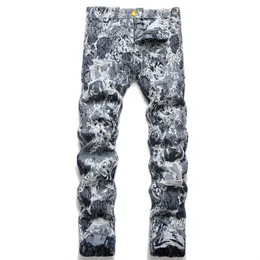 Jeans för män Höst- och vinterbroderade leopardtryck HighEnd italiensk stil Mjuk Casual bomull Stretchfötter 3D Stripe2 230227