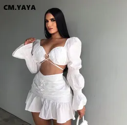 Two Piece Dress Cmyaya Women Two 2 Piece Set Outfits Elegant Lantern Sleeve Crop Tops and Ruffles Mermaid Mini kjolar