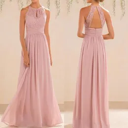 2021 Blush Pink Bridesmaid Dresses Long Country Style Halter Neck spetschiffon full längd a-line formell bröllop gästparty klänning257k