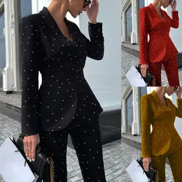 Womens Suits Blazers Jacket Twopiece Pant for Women Autumn and Winter Style Elegant Black Polka Dot Longsleeved Office 230227