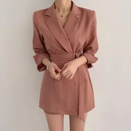 Sıradan elbiseler kadınlar bahar geri döner yaka uzun kollu blazer elbise vintage ofis bayan sashe yüksek bel çizgili zarif vestidos