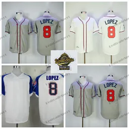Mens 8 Javier Lopez Baseball Jerseys Vintage 1995 WS Blanco Gris Azul marino Blanco Cosido Camisas