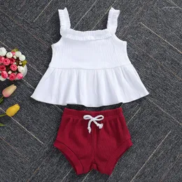 Kläder sätter 2st Baby Girls Ruffles Solid Color Suspender kjol topp snörning upp stretch midje shorts kostym sommaren