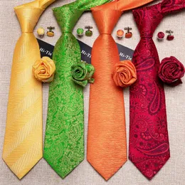 Bow Ties Hi-Tie Floral Men's 8.5cm Colorful Orange Silk Jacquard Luxury Hanky ​​Cufflinks Set for Men Gravata Wedding Party