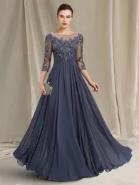 Abito a-line per la madre della sposa 2024 Abiti da festa per invitati a un matrimonio Elegante gioiello Lunghezza pavimento Chiffon Pizzo Manica a 3/4 Appliques Robe De Soiree personalizzato grigio