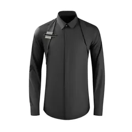 Brand Men Long-sleeved Shirt 3D Webbing Metal Buckle 2023 Spring Pointed Collar Casual Slim Shirt Social Party Tuxedo Blouse