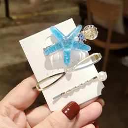 Saç klipsleri barrettes 3pcs moda denizyıldızı yuvarlak asetik asit akrilik boncuklar parlak metal kalp saç tokası aksesuarları set kadın kız a35