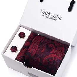 Neck Ties 100 Silk Tie For Men Gift Box Festive Present Tie Hanky Pocket Squares Cufflink Set Formal Red Wedding Accessories J230227