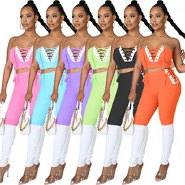 2023 Designer Summer Tracksuits Women Outfits Two Piece Set Sexig Bandage Strapless Tank Top and Pants Sporty Sweatsuits Casual Solid Sportswear Wholesale 9361