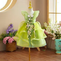 Flickklänningar Fairy Elder Flower Girls Princess Dress for Kids Floral Tassels Green Ruffles One Piece Clothoon Evening Vestido
