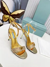 2023 Satin sandals with crystals Studded metallic leather high-heeled sandals With all-over synthetic crystals 100 mm metallic-finish heel