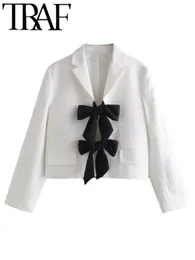 Women's Suits & Blazers Autumn Women Crop White Elegant With Black Bow Tied Front Wrist Sleeve Cute Sweet Jacket Female Chic CoatWomen's WWo