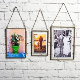 Frames Metal Chain Hanging Glass Double Sided Po Picture Frame Wall Display Dried Plant Flower Artwork Decor