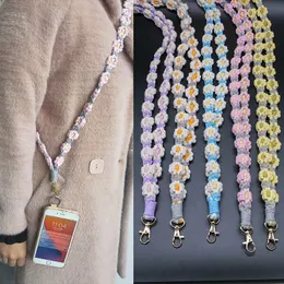 Keychains Lanyards Boho Rame Neck Lanyard flätad blomma för ID och nycklar Handgjorda Daisy Badge Holder med matchande nyckellärare